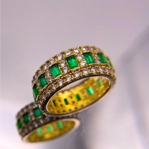 Gold Tone Band Ring with Green Baguettes and Round Cubic Zirconia